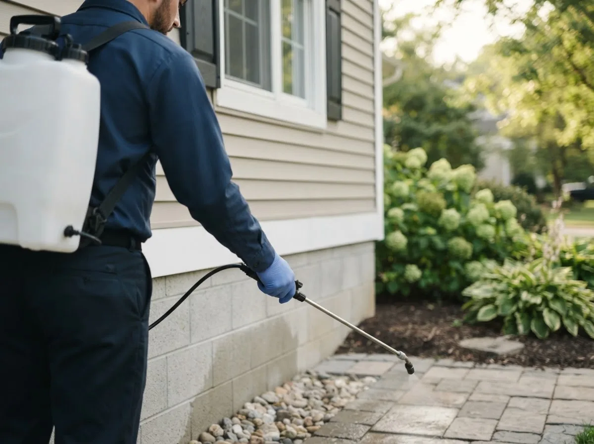 Pest control technician inspecting a home in Wilburton, OK